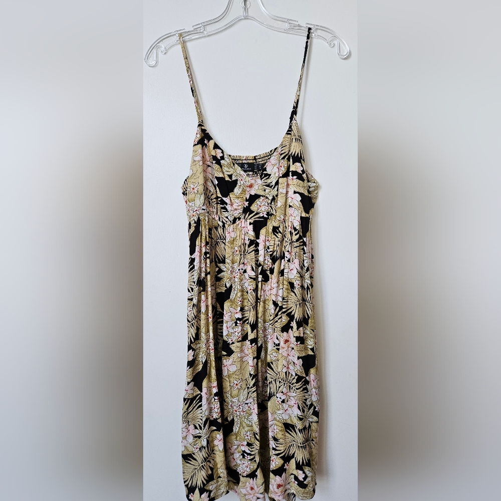 Volcom Black Floral Mini Dress with Pink and Beige Leaves